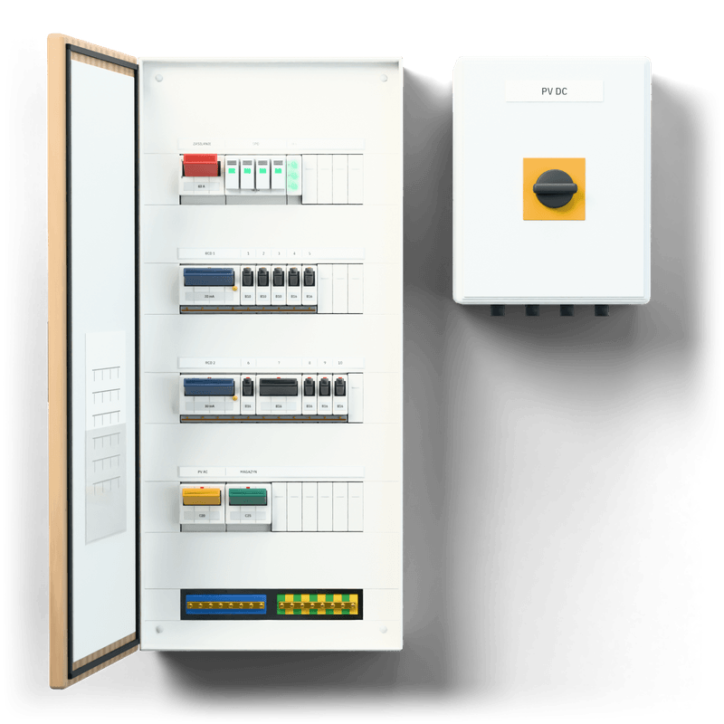 Consumer unit S · PV · door: oak — 3D visualisation, door open, front view of the devices, oak veneer door; next to it, the solar PV DC combiner box