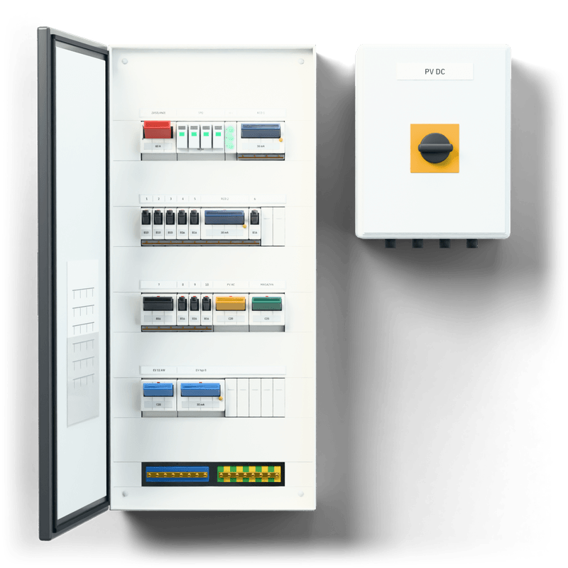 Consumer unit S · PV + EV · door: anthracite — 3D visualisation, door open, front view of the devices, anthracite door; next to it, the solar PV DC combiner box