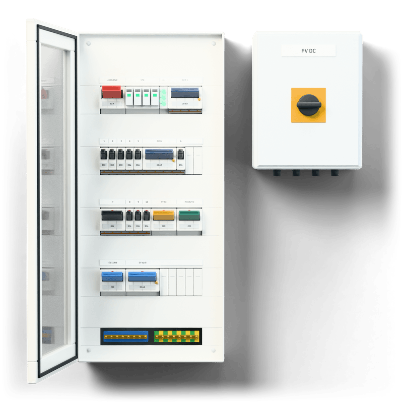 Consumer unit S · PV + EV · door: tinted glass — 3D visualisation, door open, front view of the devices, tinted glass door; next to it, the solar PV DC combiner box