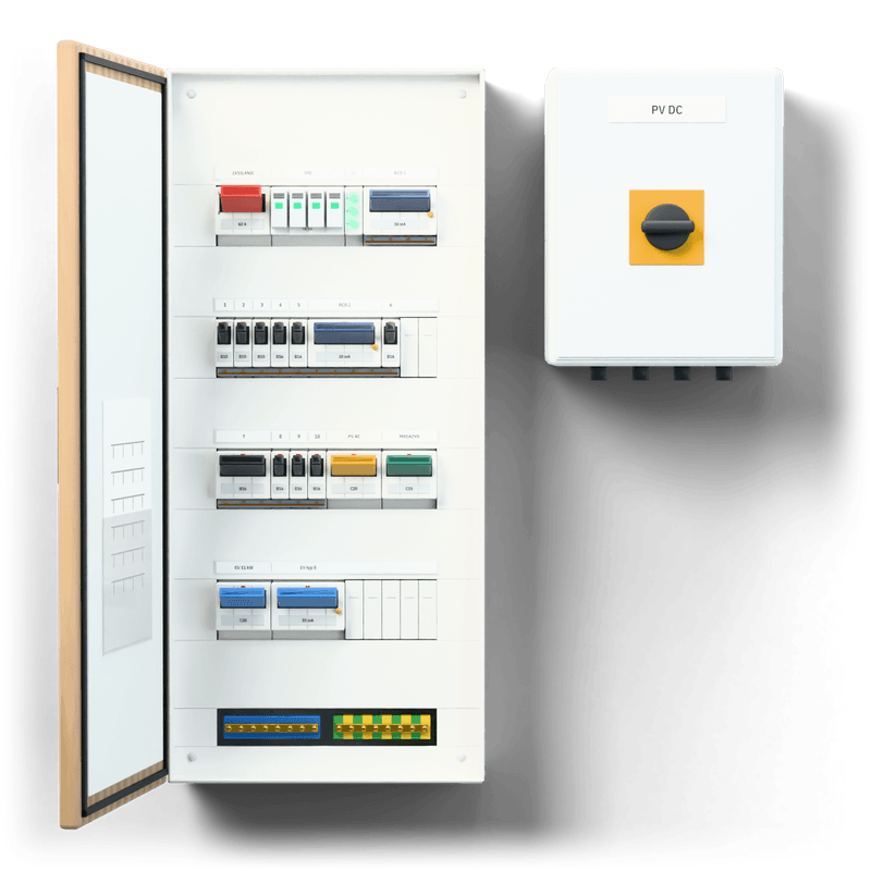 Consumer unit S · PV + EV · door: oak — 3D visualisation, door open, front view of the devices, oak veneer door; next to it, the solar PV DC combiner box