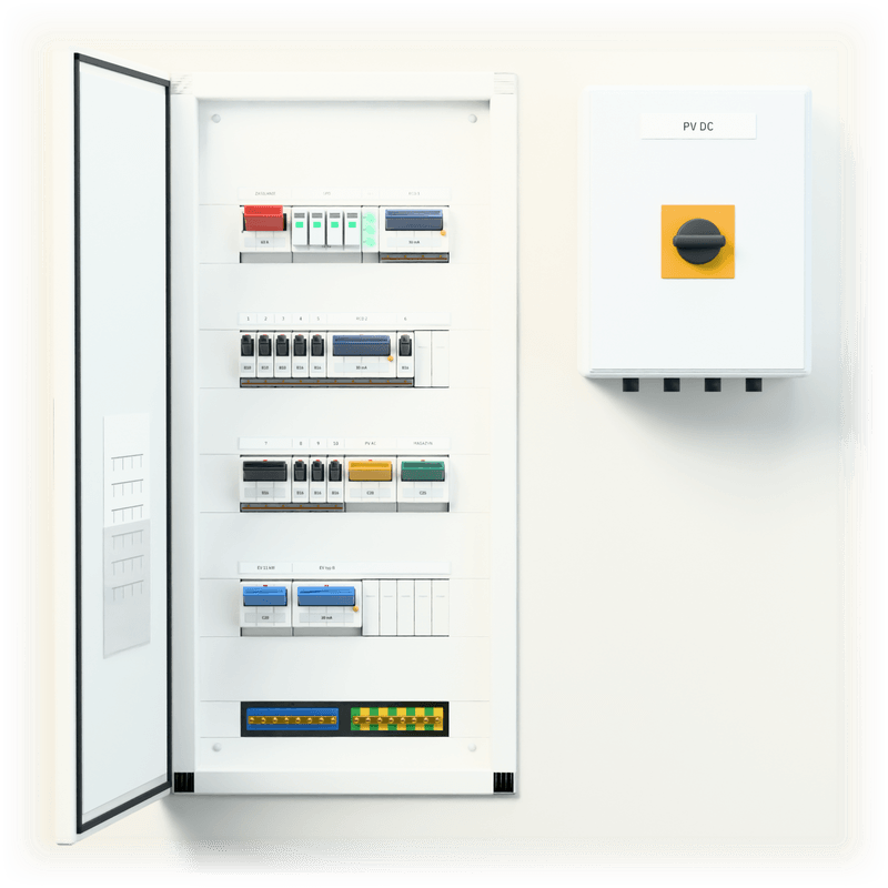 Consumer unit S · PV + EV · flush-mounted — 3D visualisation, door open, front view of the devices, flush-mounted enclosure in a wall recess; next to it, the solar PV DC combiner box