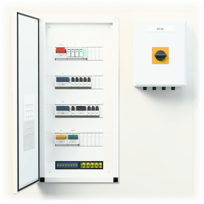 Consumer unit S · PV · flush-mounted — 3D visualisation, door open, front view of the devices, flush-mounted enclosure in a wall recess; next to it, the solar PV DC combiner box