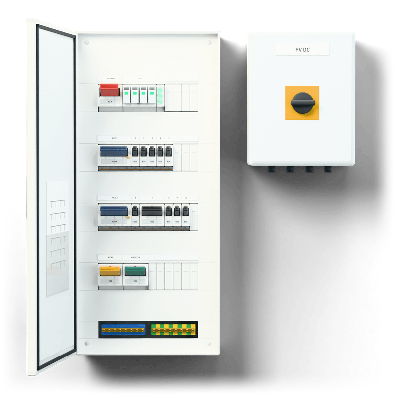 Consumer unit S · PV — 3D visualisation, door open, front view of the devices; next to it, the solar PV DC combiner box
