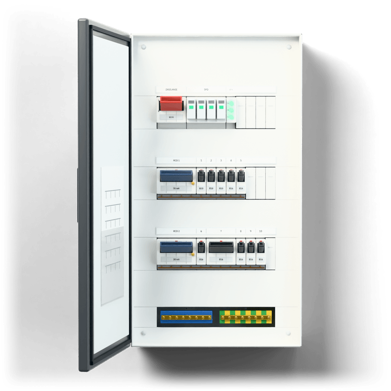 Consumer unit S · Standard · door: anthracite — 3D visualisation, door open, front view of the devices, anthracite door