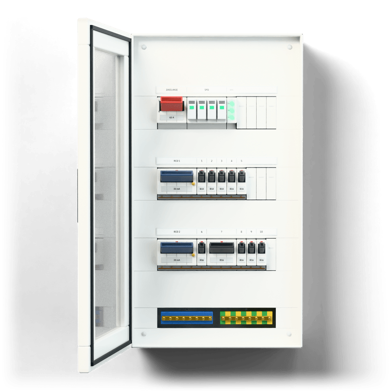 Consumer unit S · Standard · door: tinted glass — 3D visualisation, door open, front view of the devices, tinted glass door