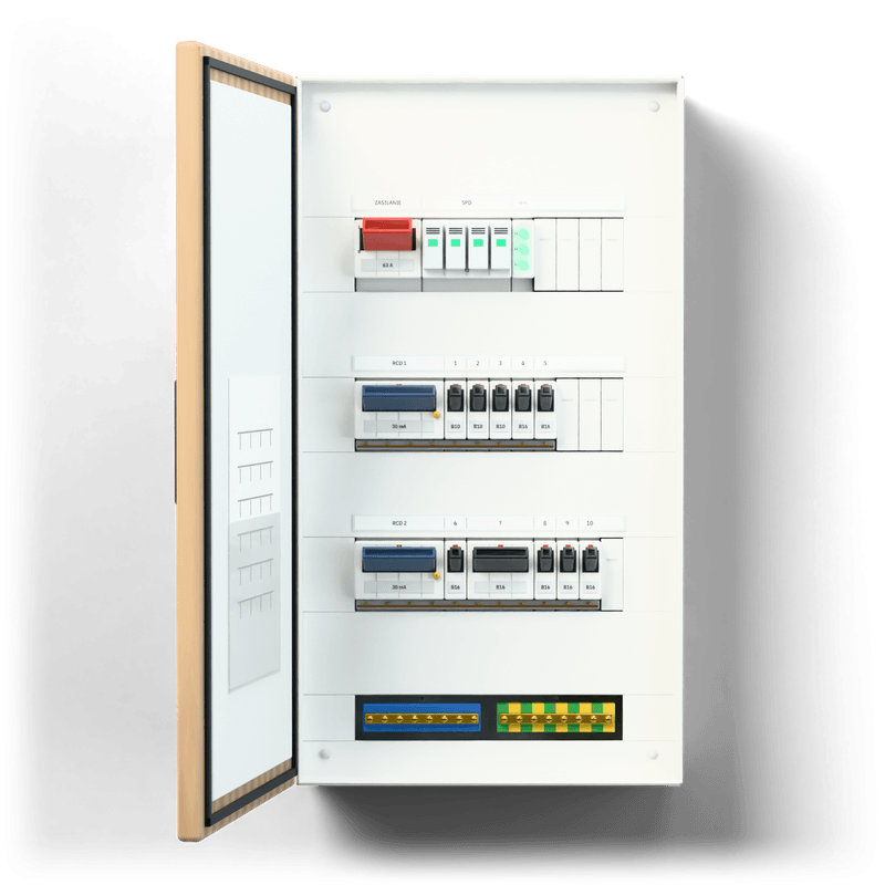 Consumer unit S · Standard · door: oak — 3D visualisation, door open, front view of the devices, oak veneer door