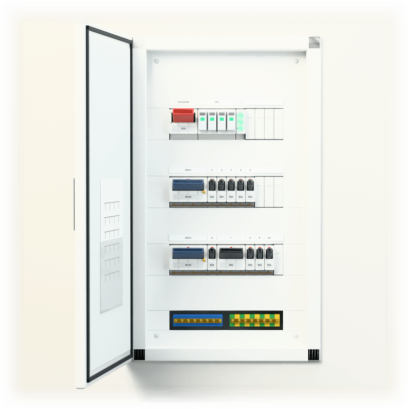 Consumer unit S · Standard · flush-mounted — 3D visualisation, door open, front view of the devices, flush-mounted enclosure in a wall recess