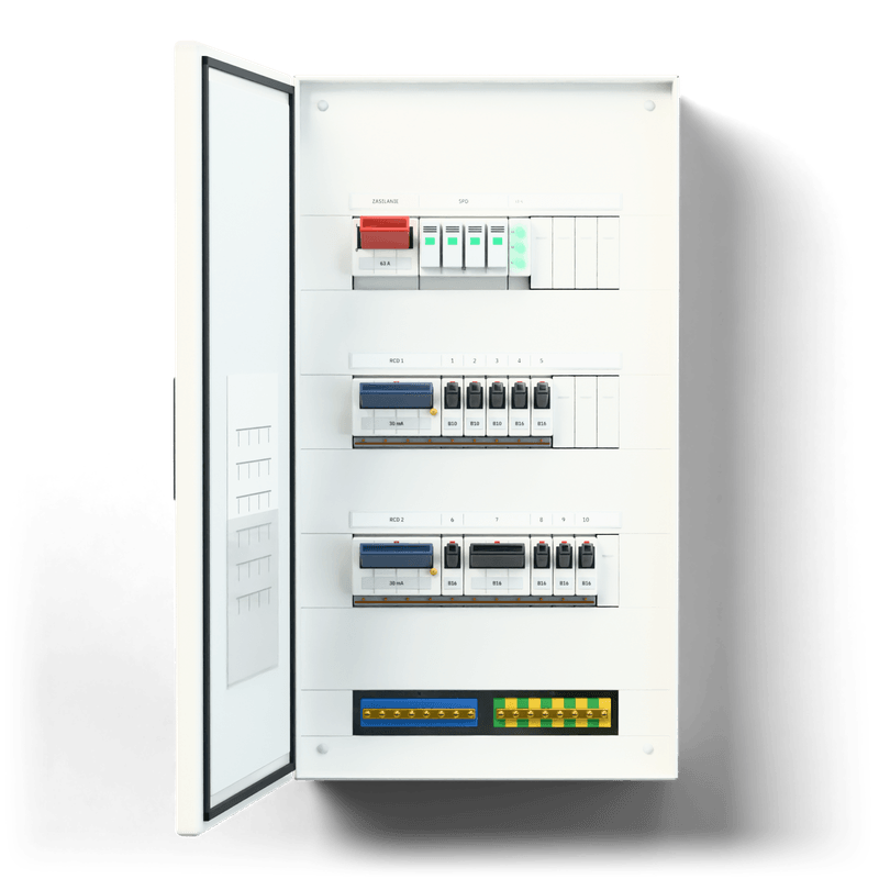 Consumer unit S · Standard — 3D visualisation, door open, front view of the devices